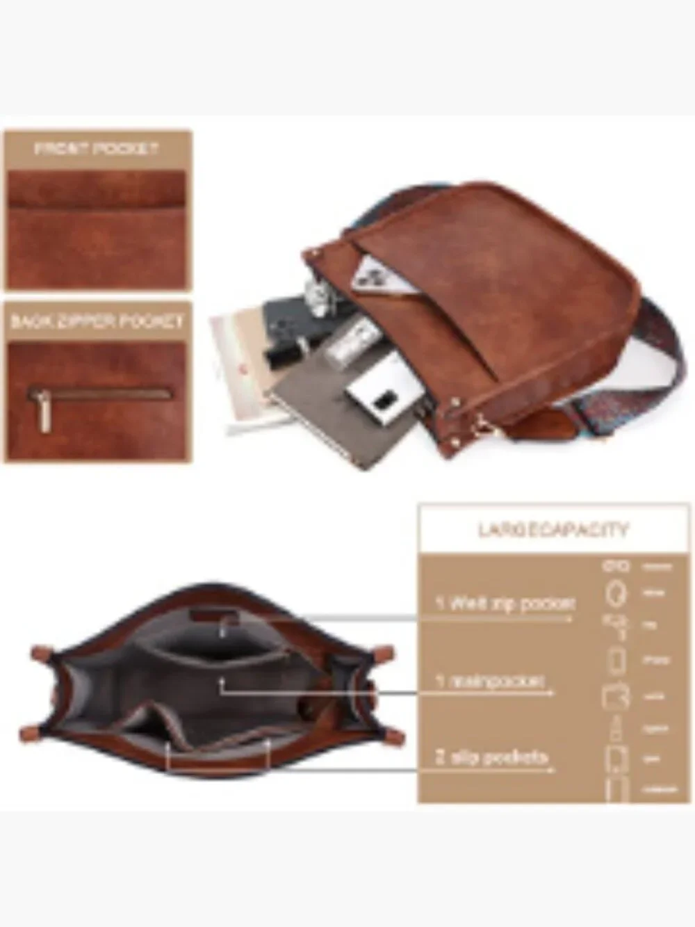 Women's Hobo Handbag Vegan Leather Crossbody with Adjustable Guitar Strap